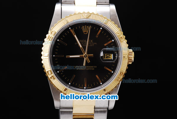 Rolex Datejust Automatic Two Tone with Gold Bezel and Black Dial-Vintage Linear Marking - Click Image to Close